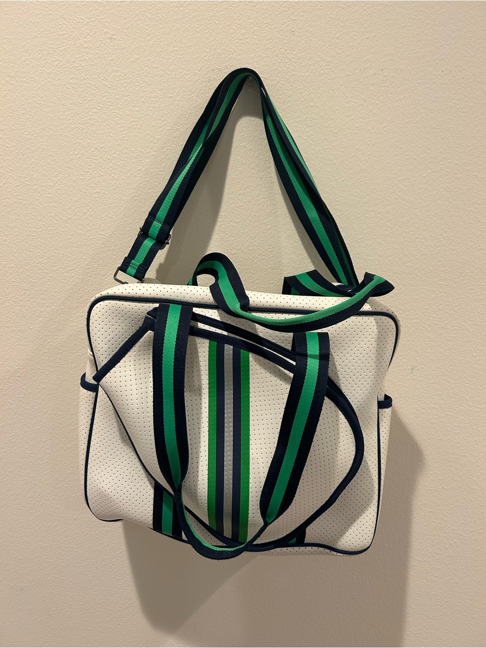 White pickle ball bag with Green & Navy Striped Straps
